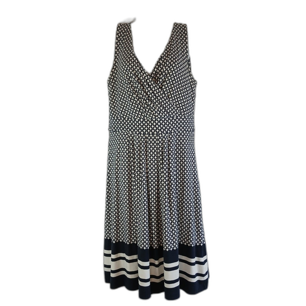 LandsEnd dress blue white pleats diamond pattern stretch sz M casual office wear